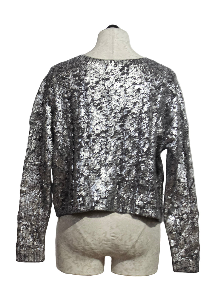 back view of Lava/Silver Mini Foil Cable Sweater by Planet