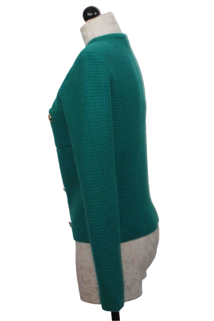 side view of Topaz-Colored Cypress Cardigan by Generation Love