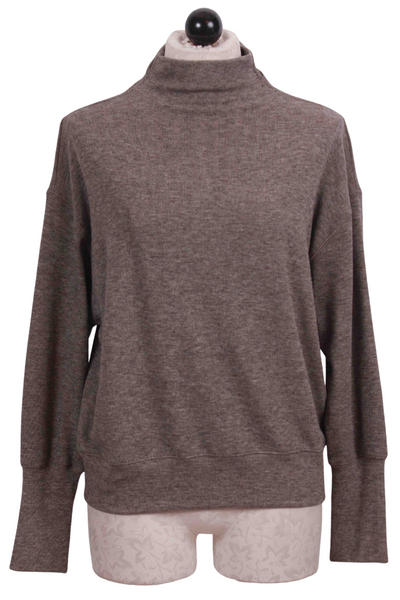 Taupe Heathered Brushed Knit Mock Neck Top by Fifteen Twenty 