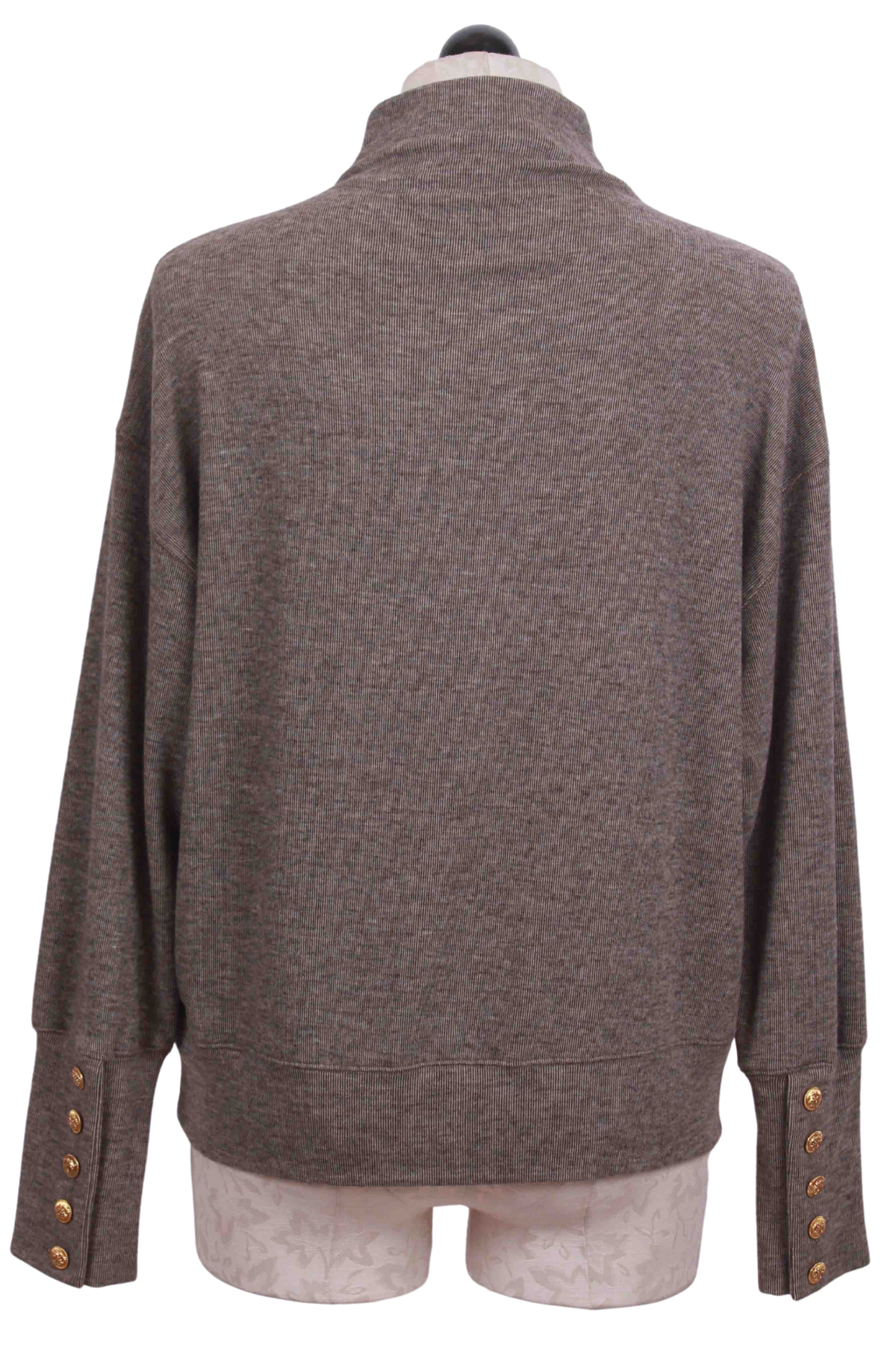 back view of Taupe Heathered Brushed Knit Mock Neck Top by Fifteen Twenty