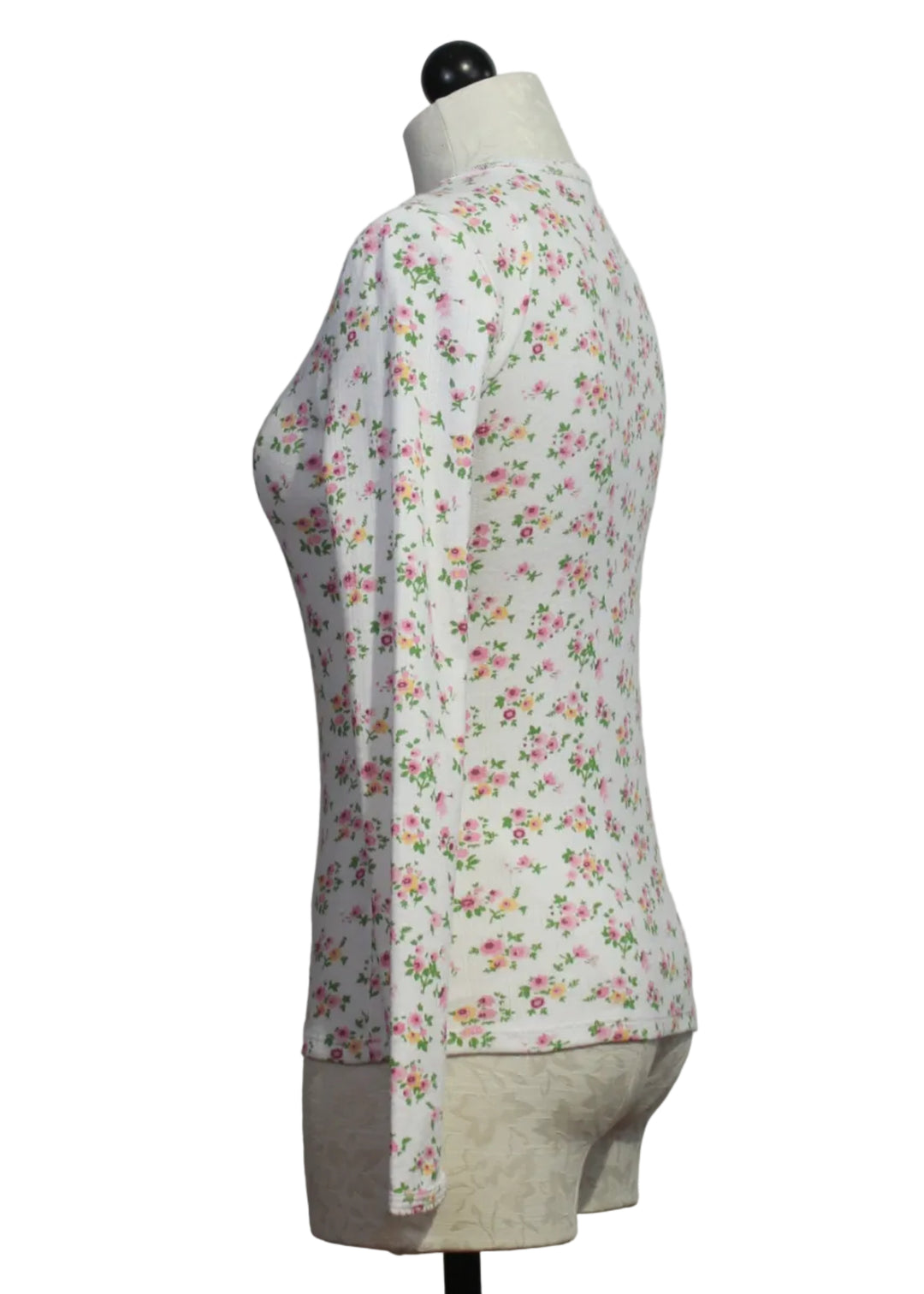 side view of Floral Pointelle Long Sleeve Crew by Goldie Lewinter