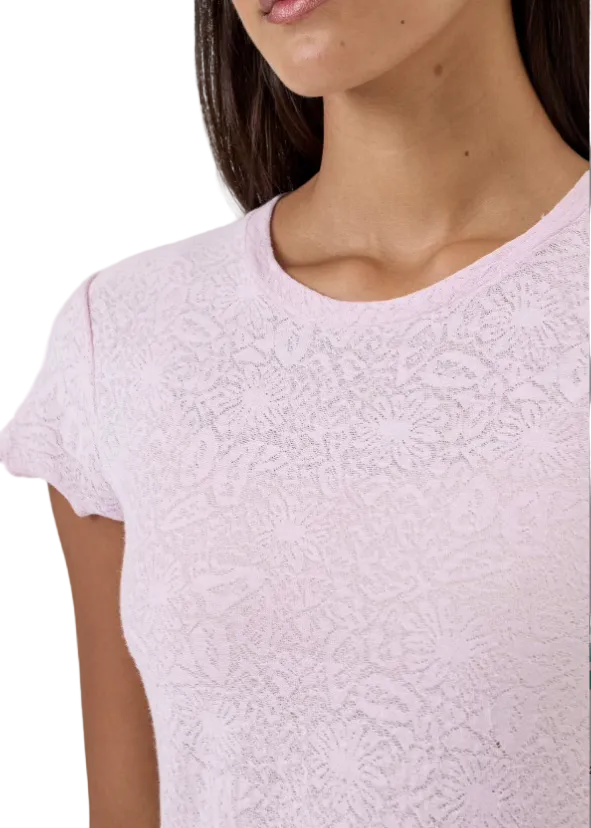 Close up view of The Cotton Jacquard Short Sleeve Tee by Goldie Tees in Cherry Blossom
