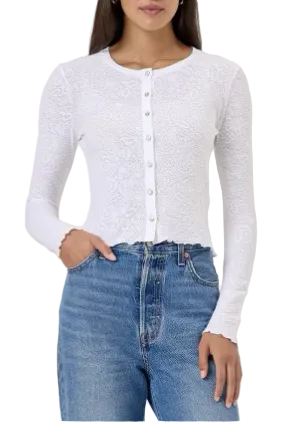 The Cotton Jacquard Long Sleeve Cardigan by Goldie Tees in White