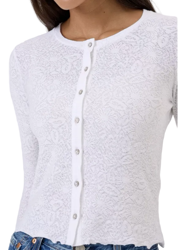 closeup view of The Cotton Jacquard Long Sleeve Cardigan by Goldie Tees in White