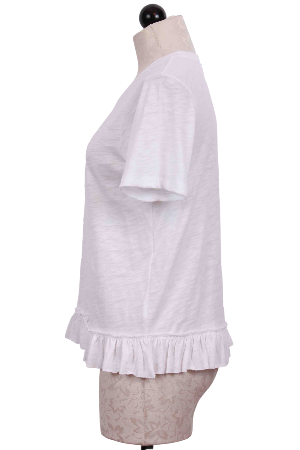 side view of White Ruffle Bottom Boxy Tee by Goldie LeWinter