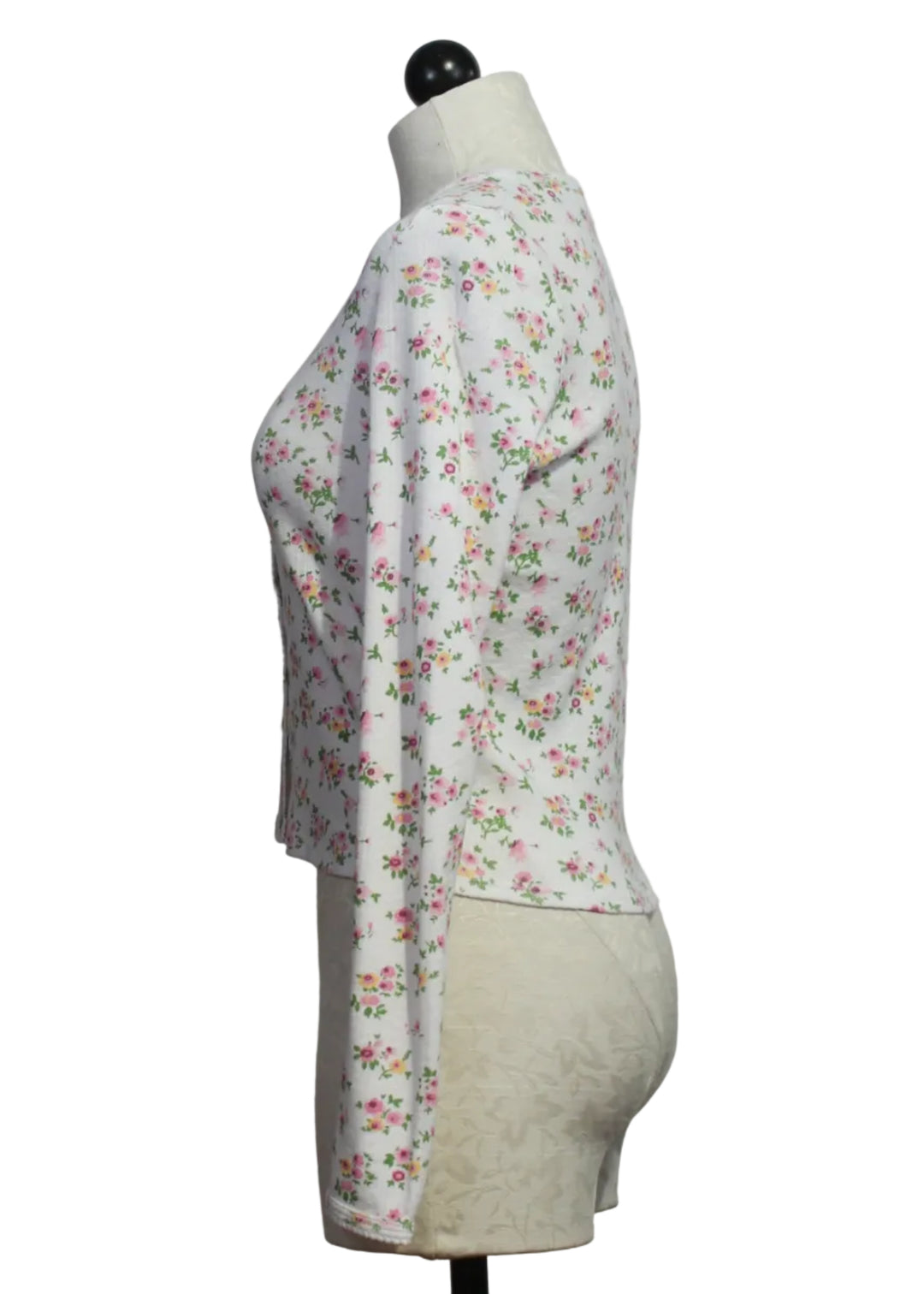 side view of The Floral Pointelle Long Sleeve Crop Cardi by Goldie Lewinter