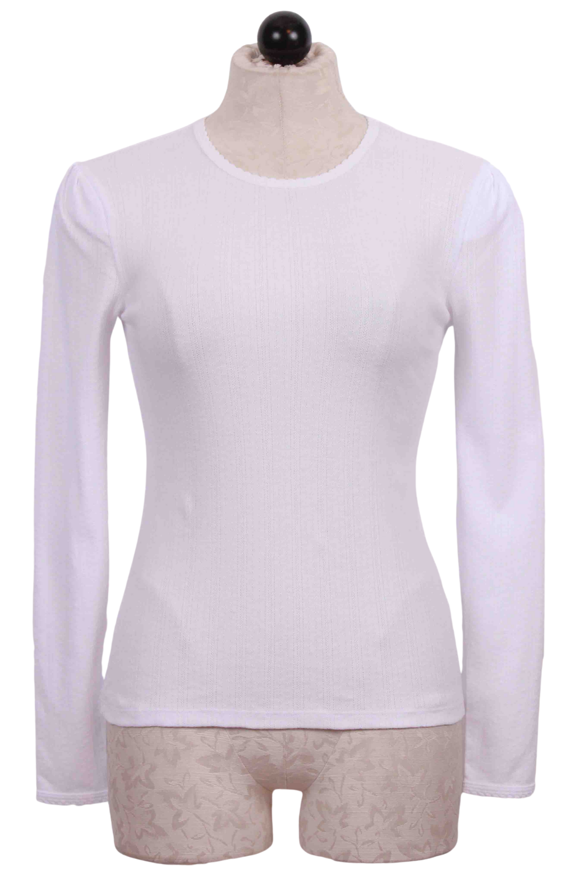 White Long Sleeve Pointelle Puff Shoulder Tee by Goldie LeWinter