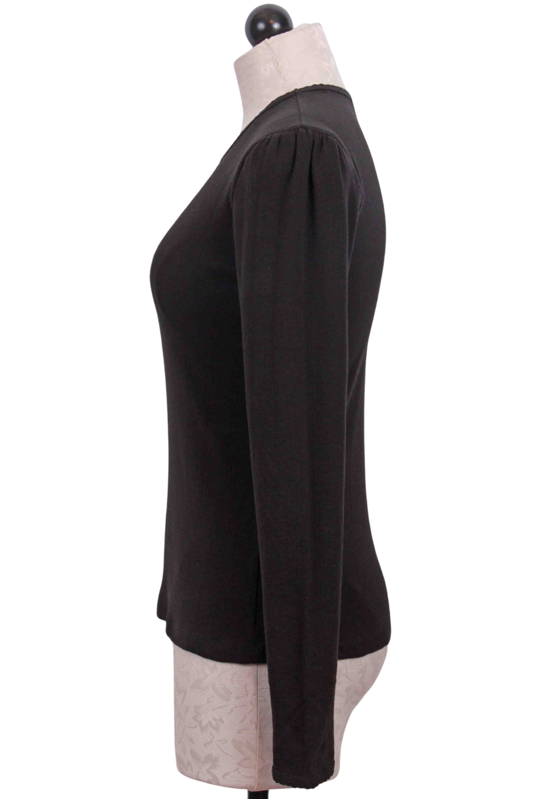 side view of Black Long Sleeve Pointelle Puff Shoulder Tee by Goldie LeWinter