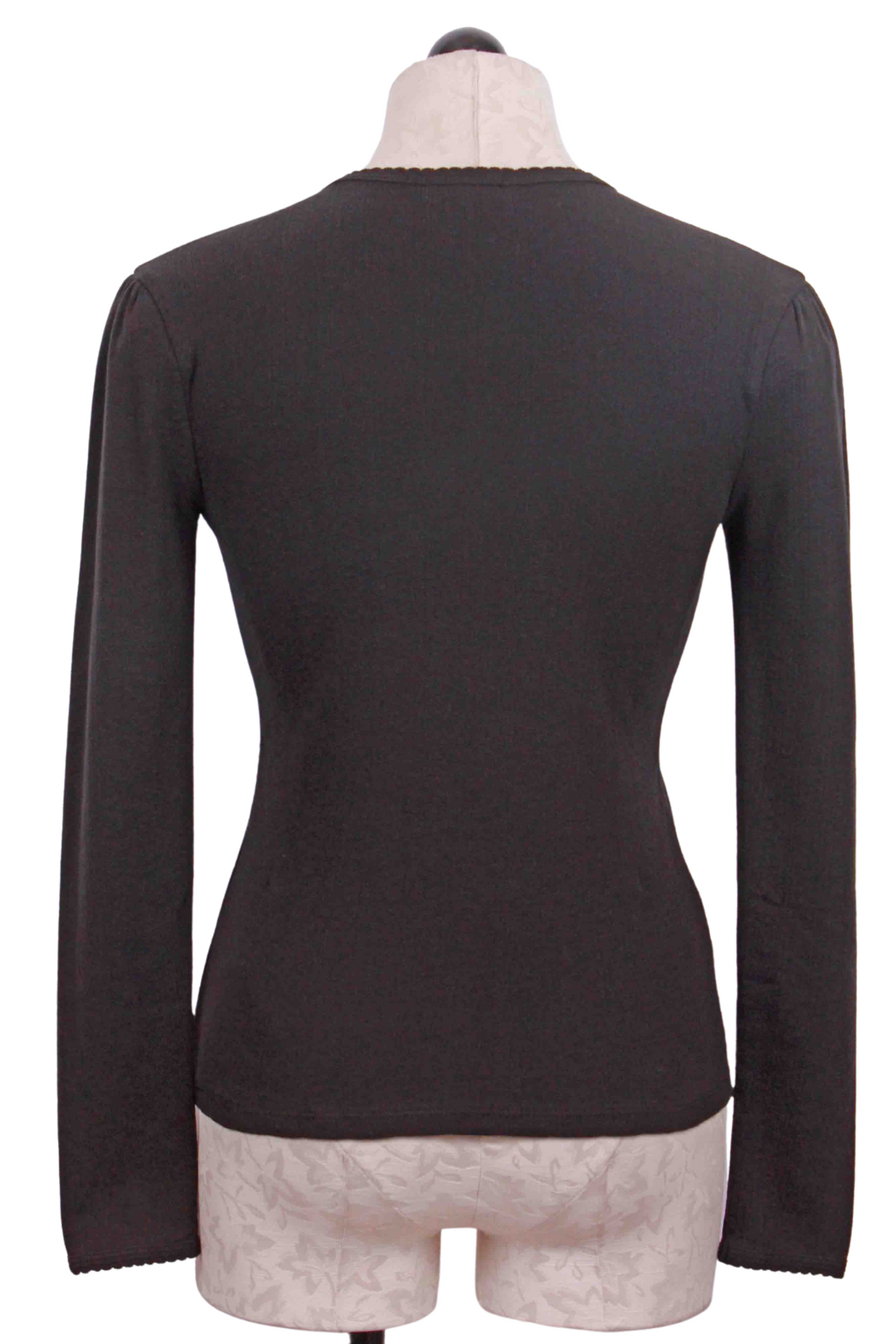 back view of Black Long Sleeve Pointelle Puff Shoulder Tee by Goldie LeWinter