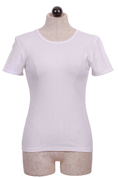 White Short Sleeve Pointelle Tee by Goldie LeWinter