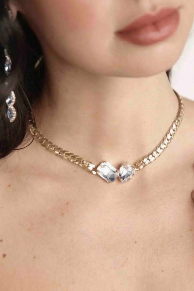 Model wearing the Gold Crystal Gem Necklace by Ettika