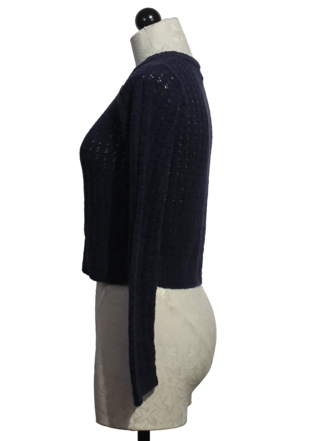 side view of Navy Cotton Boucle Crop Cardigan by Goldie Tees