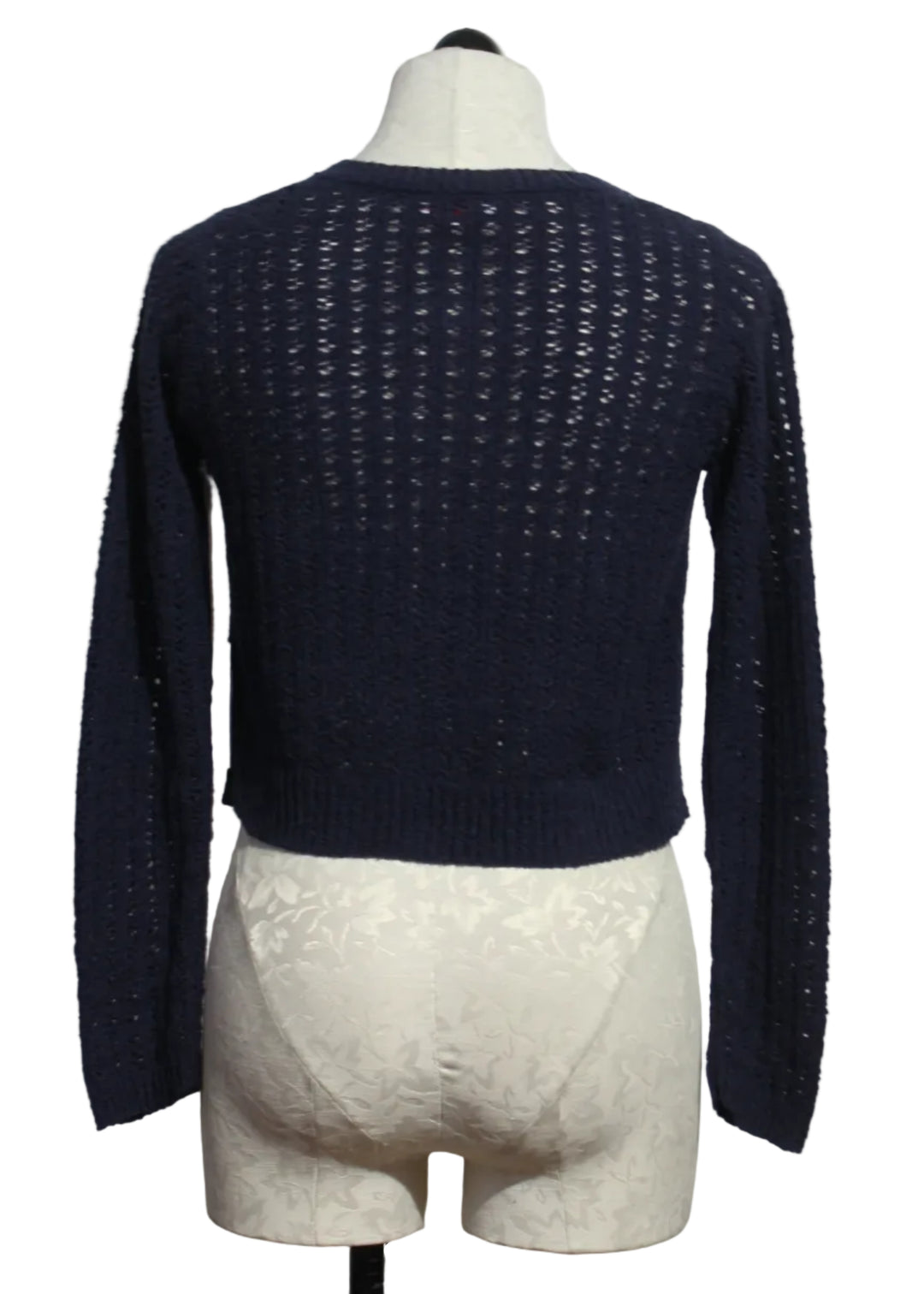back view of Navy Cotton Boucle Crop Cardigan by Goldie Tees