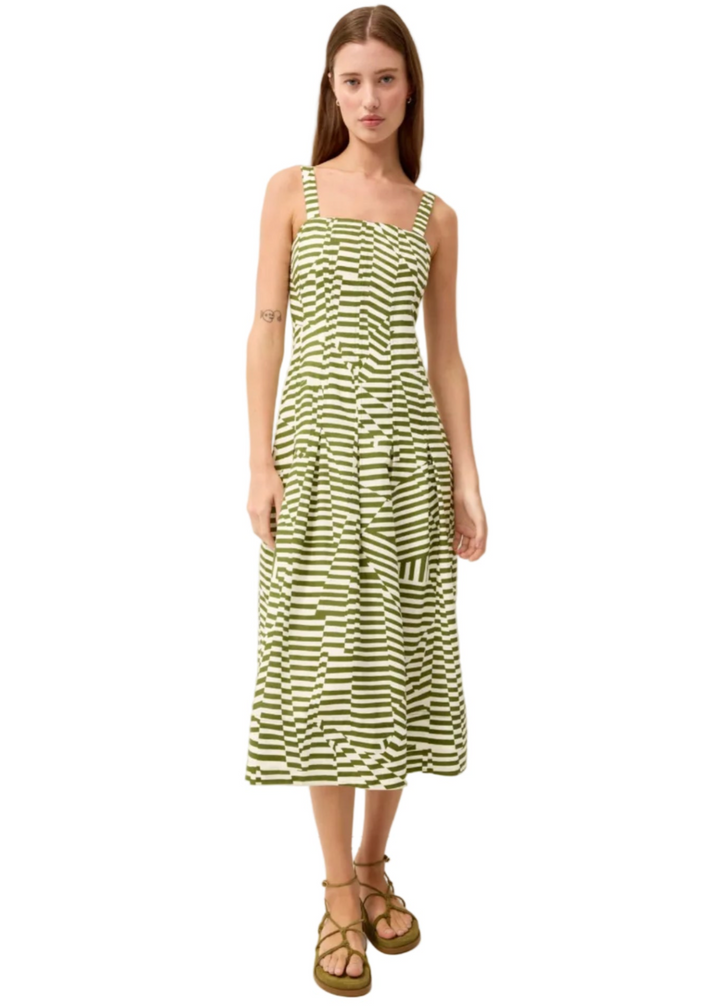 model wearing the Dixon Dress by Marie Oliver in the Brollly print