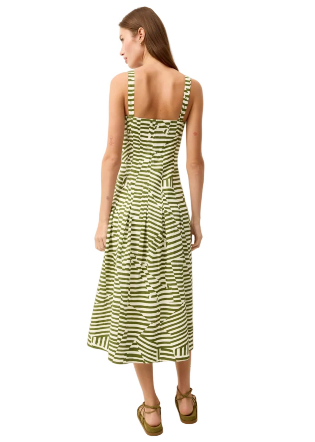 back view of model wearing the Dixon Dress by Marie Oliver in the Brollly print