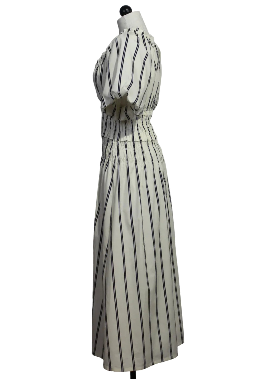 side view of Grayson Dress by Marie Oliver in a classic black and white vertical stripe 