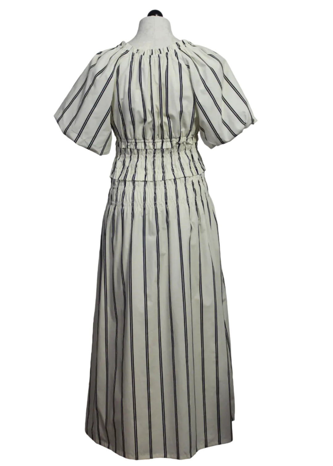 back view of Grayson Dress by Marie Oliver in a classic black and white vertical stripe 