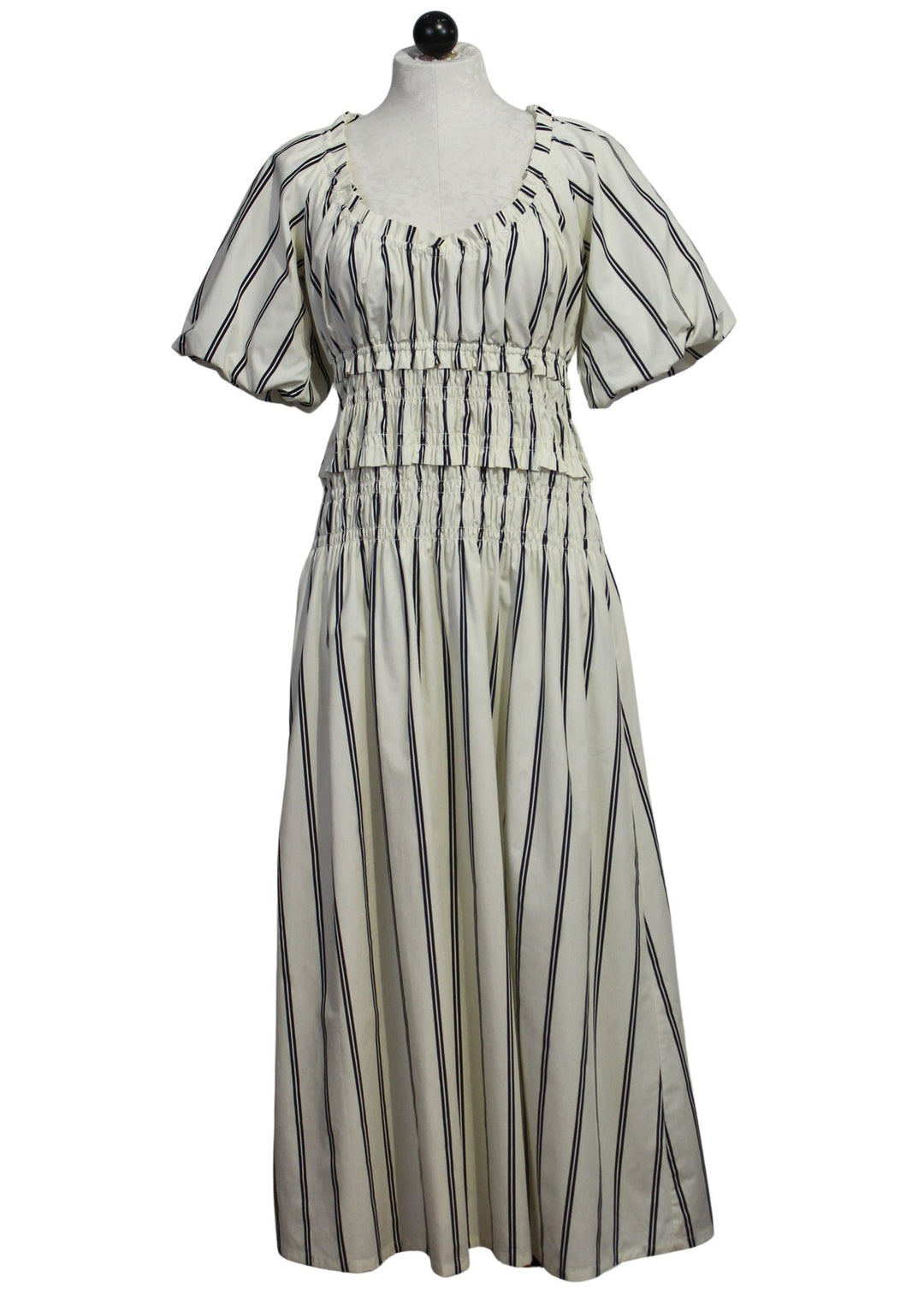Grayson Dress by Marie Oliver in a classic black and white vertical stripe 