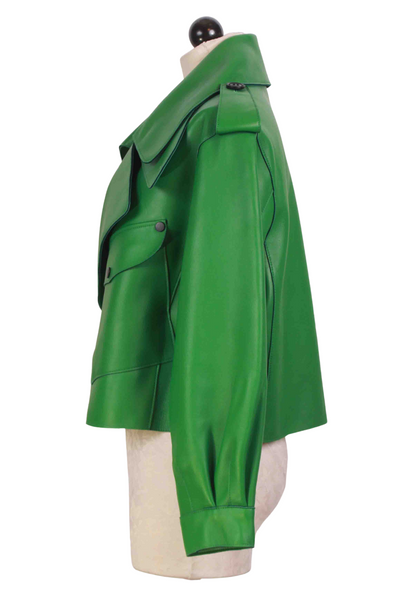 side view of Emerald Green Lambskin Moto Jacket by Jessie Liu