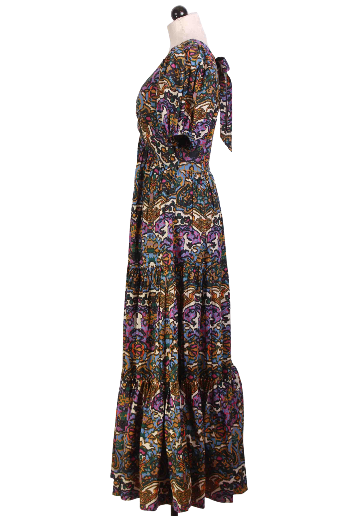 side view of Mosaic Ikat Midi Length Evita Dress by Cleobella