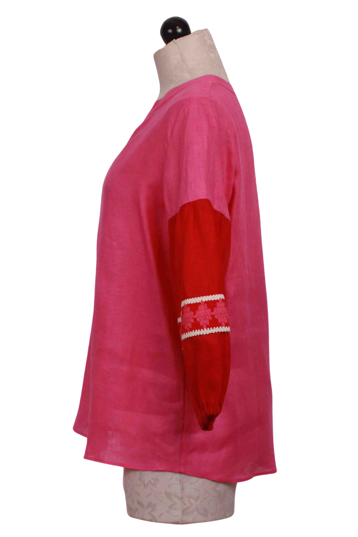 side view of Kaya Pink/Red Linen Shirt by Vilagallo