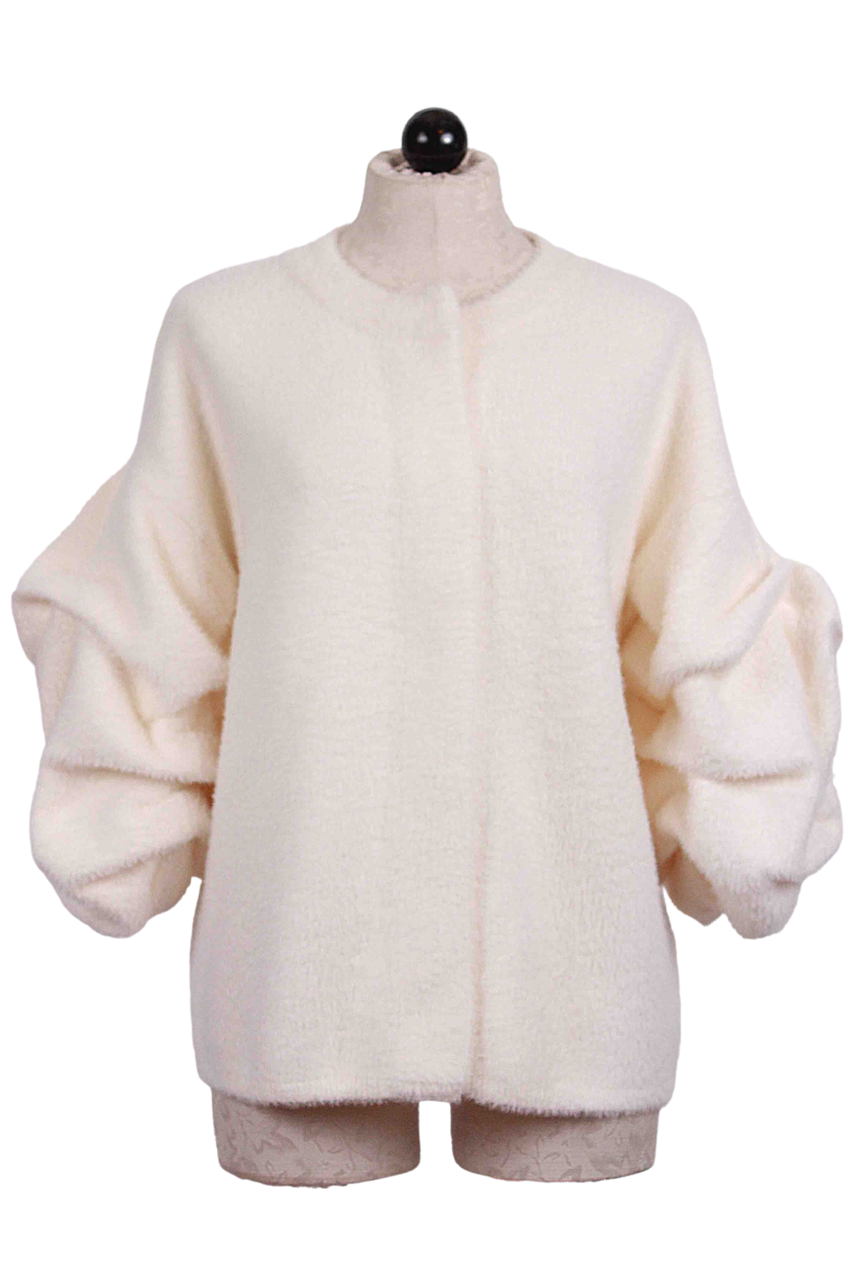 off white Plush Ruched Sleeve Cardigan by Elena Wang