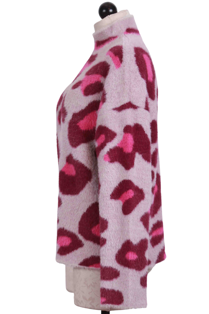 side view of Fuschia Combo Plush Leopard Pullover Sweater by Elena Wang