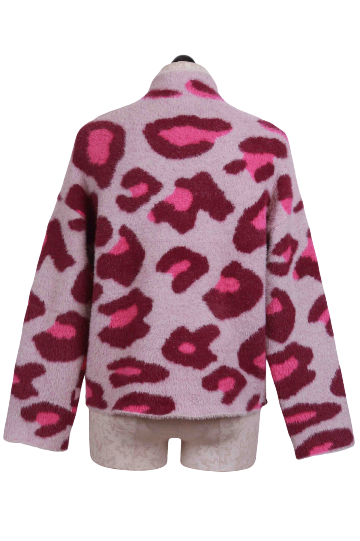 back view of Fuschia Combo Plush Leopard Pullover Sweater by Elena Wang