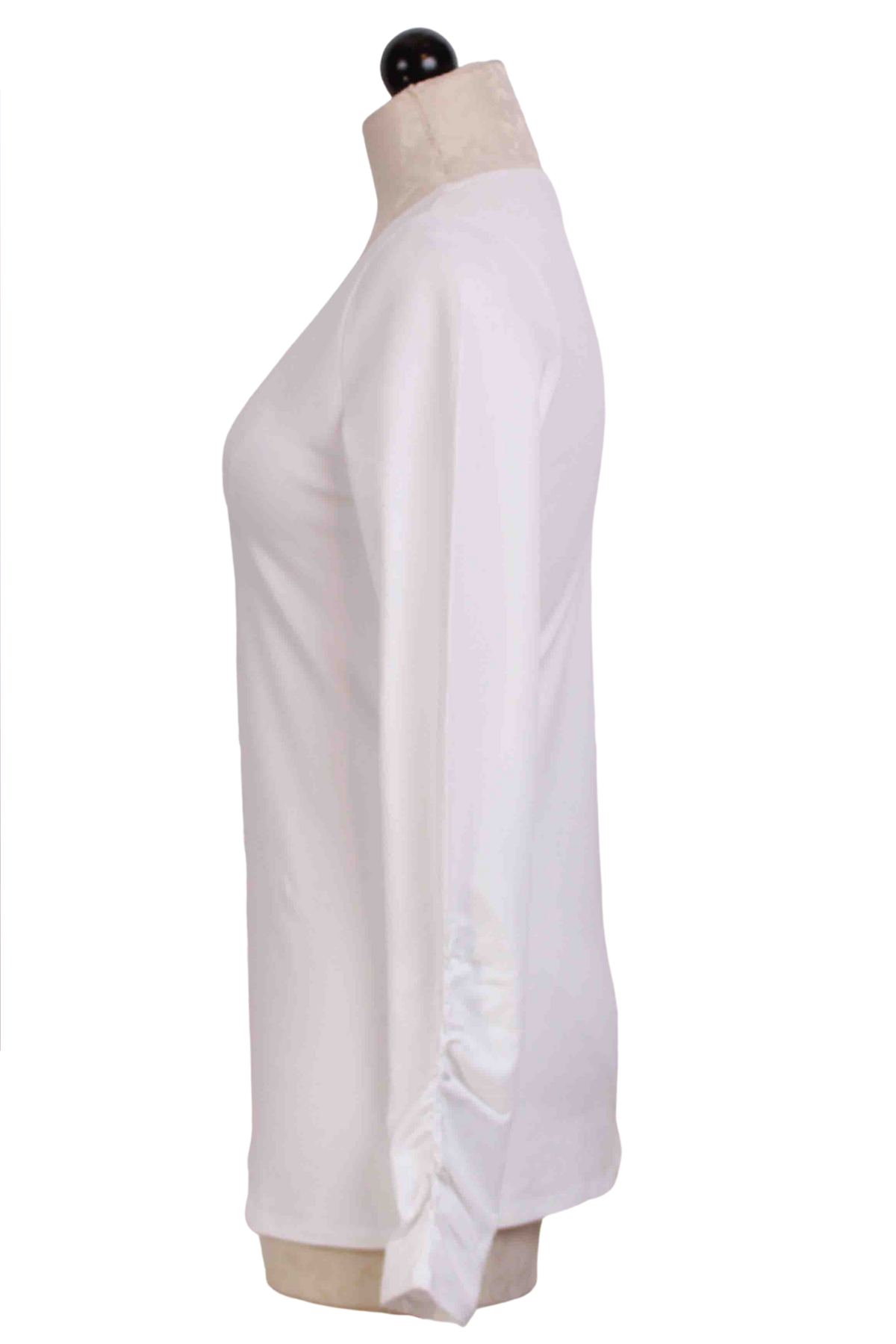 side view of White Essential Layers Ruched Sleeve Tee by Liv by Habitat