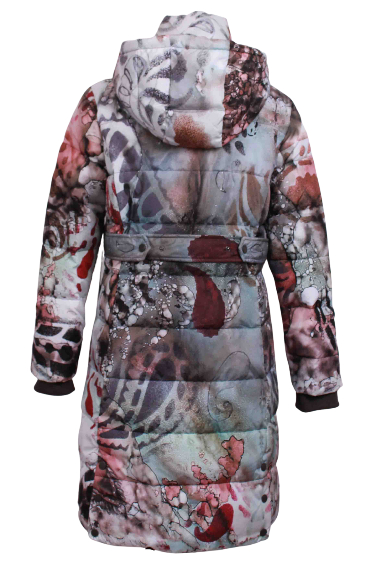 back view of High Low Hooded Paisley Charm Puffer by UBU