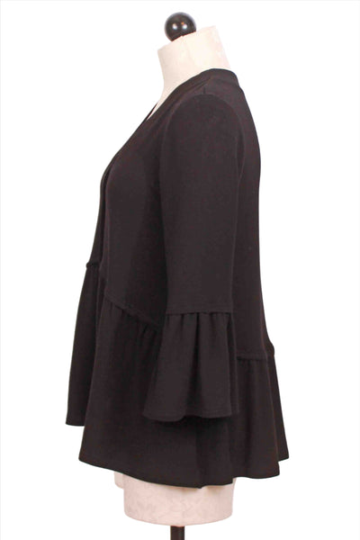 side view of black Flared Sleeve Button Front Knit Cardigan by Compli K