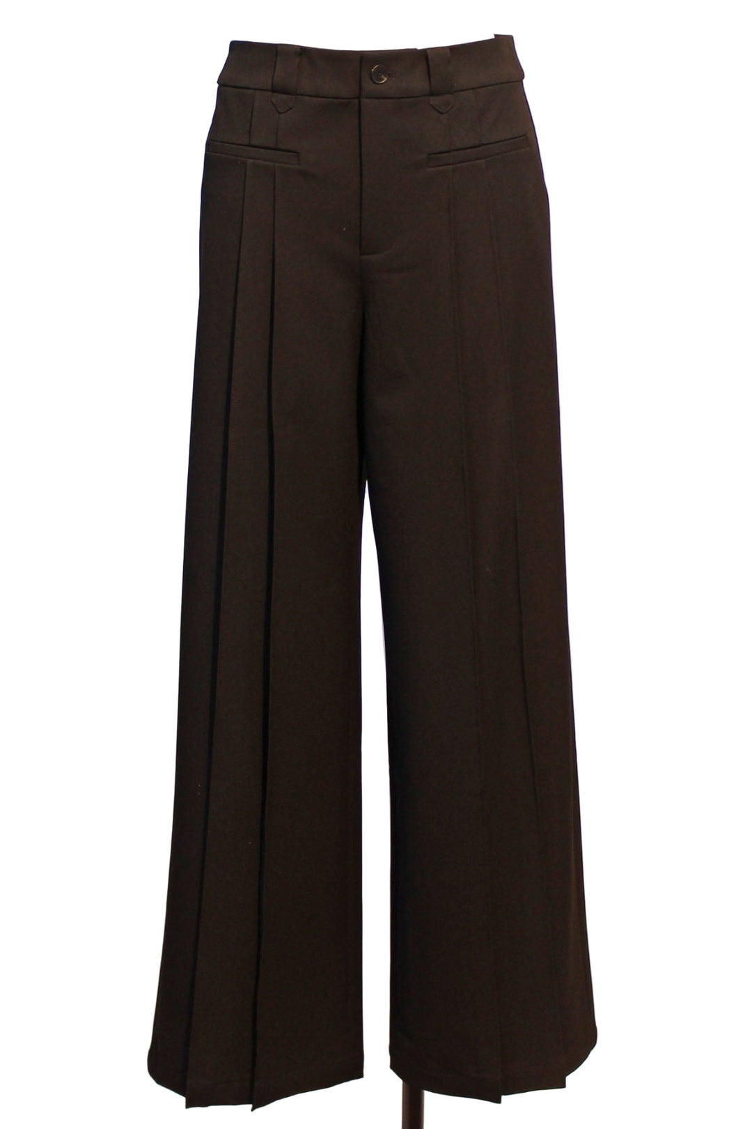 Black pleat front wide-leg trousers with high waist by Elena Wang