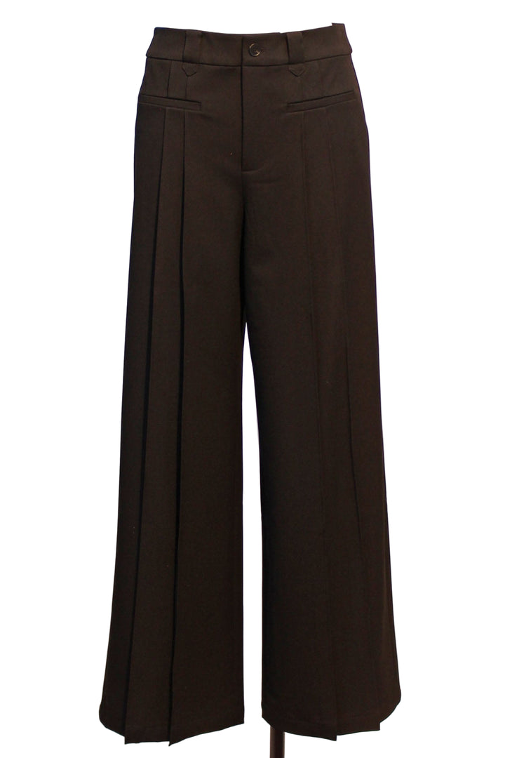 Black pleat front wide-leg trousers with high waist by Elena Wang