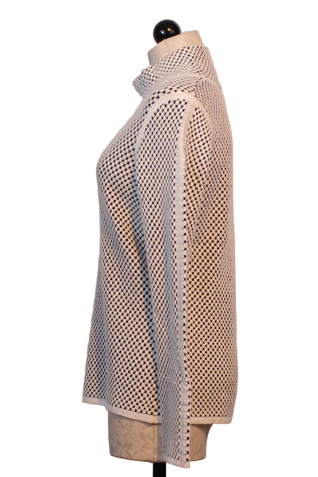 side view of Black and White Mock Neck Sweater by Elena Wang