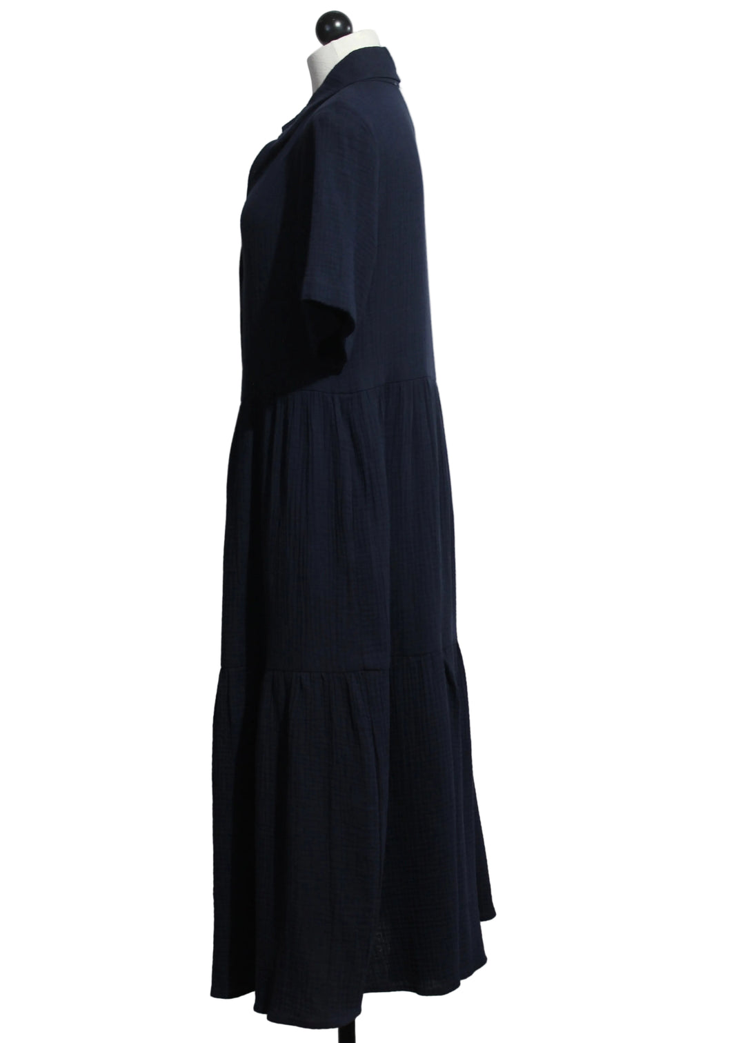 side view of Navy Short Sleeve Gauzy Cotton Dress by Compli K 