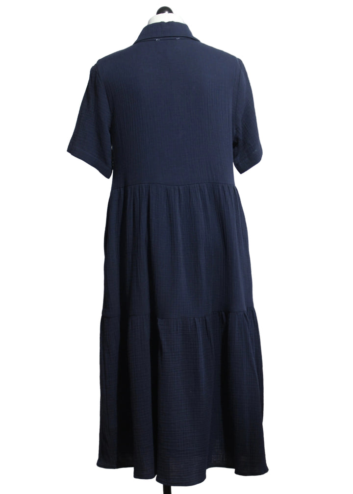 back view of Navy Short Sleeve Gauzy Cotton Dress by Compli K 
