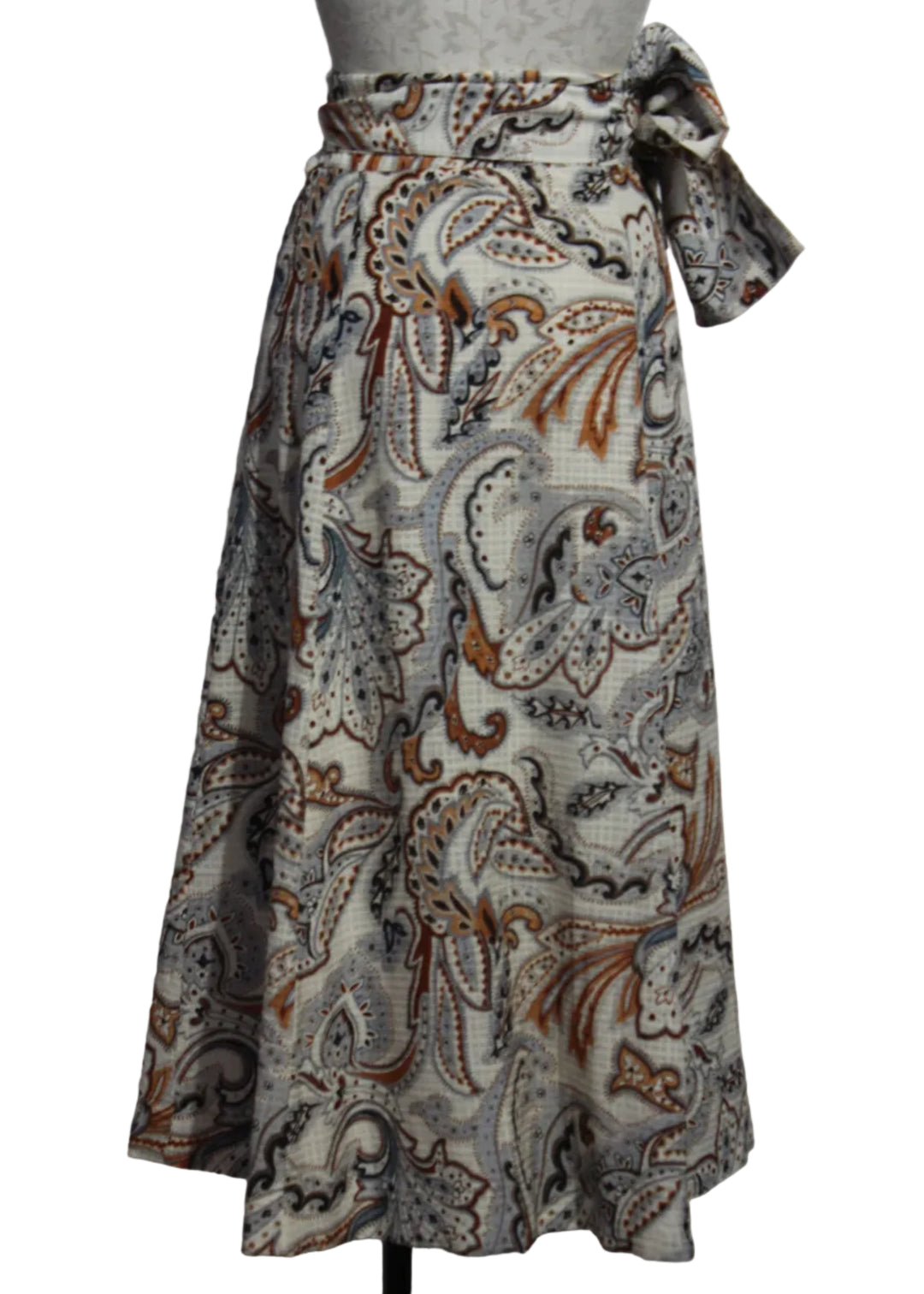 back view of the Estine Wrap Skirt by Marie Oliver in the Trinity Paisley Print