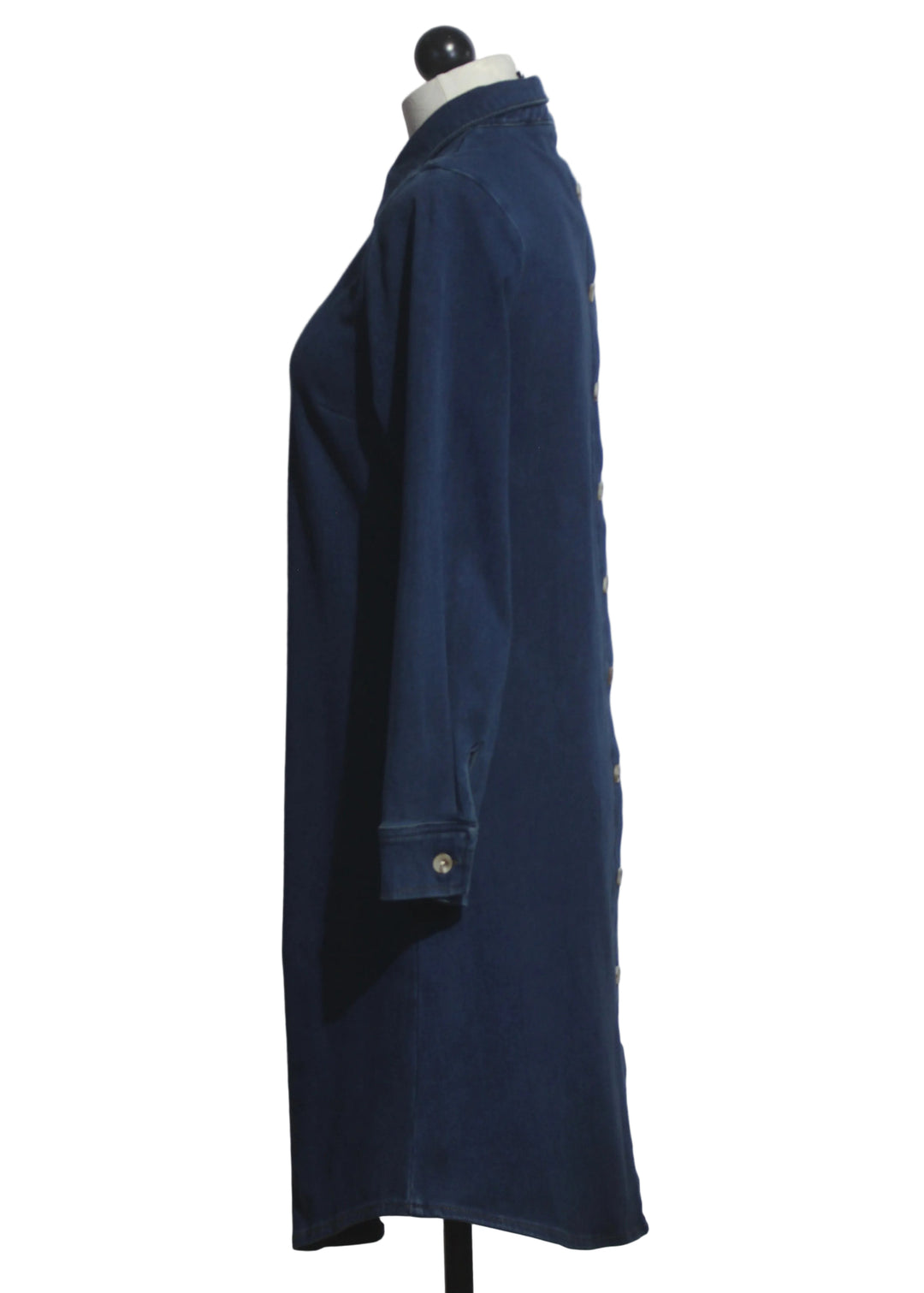 side view of Blue Stretch Denim Shirt Dress by Compli K
