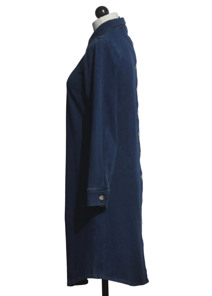 side view of Blue Stretch Denim Shirt Dress by Compli K