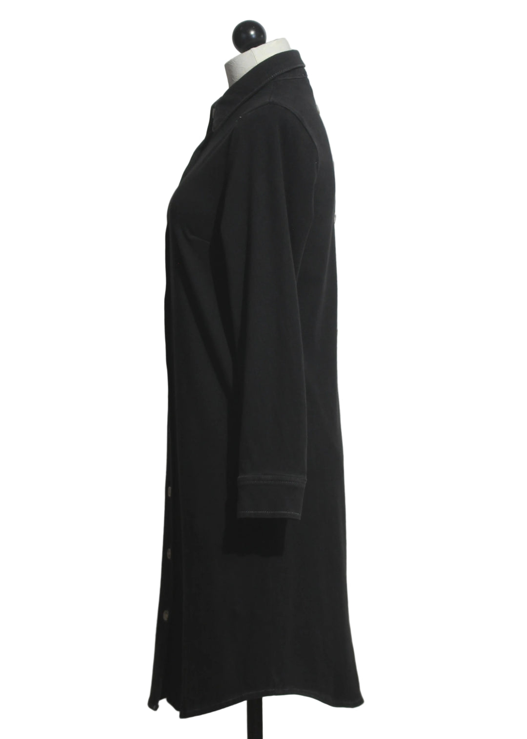 side view of Black Stretch Denim Shirt Dress by Compli K