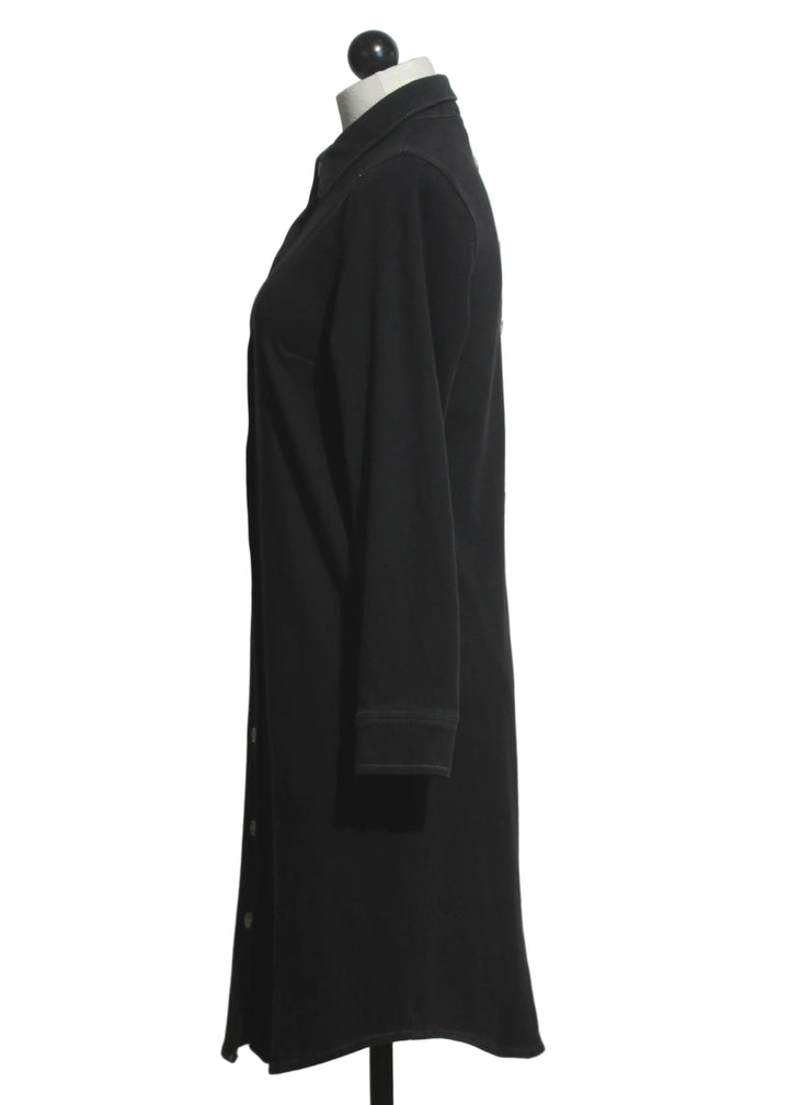 side view of Black Stretch Denim Shirt Dress by Compli K