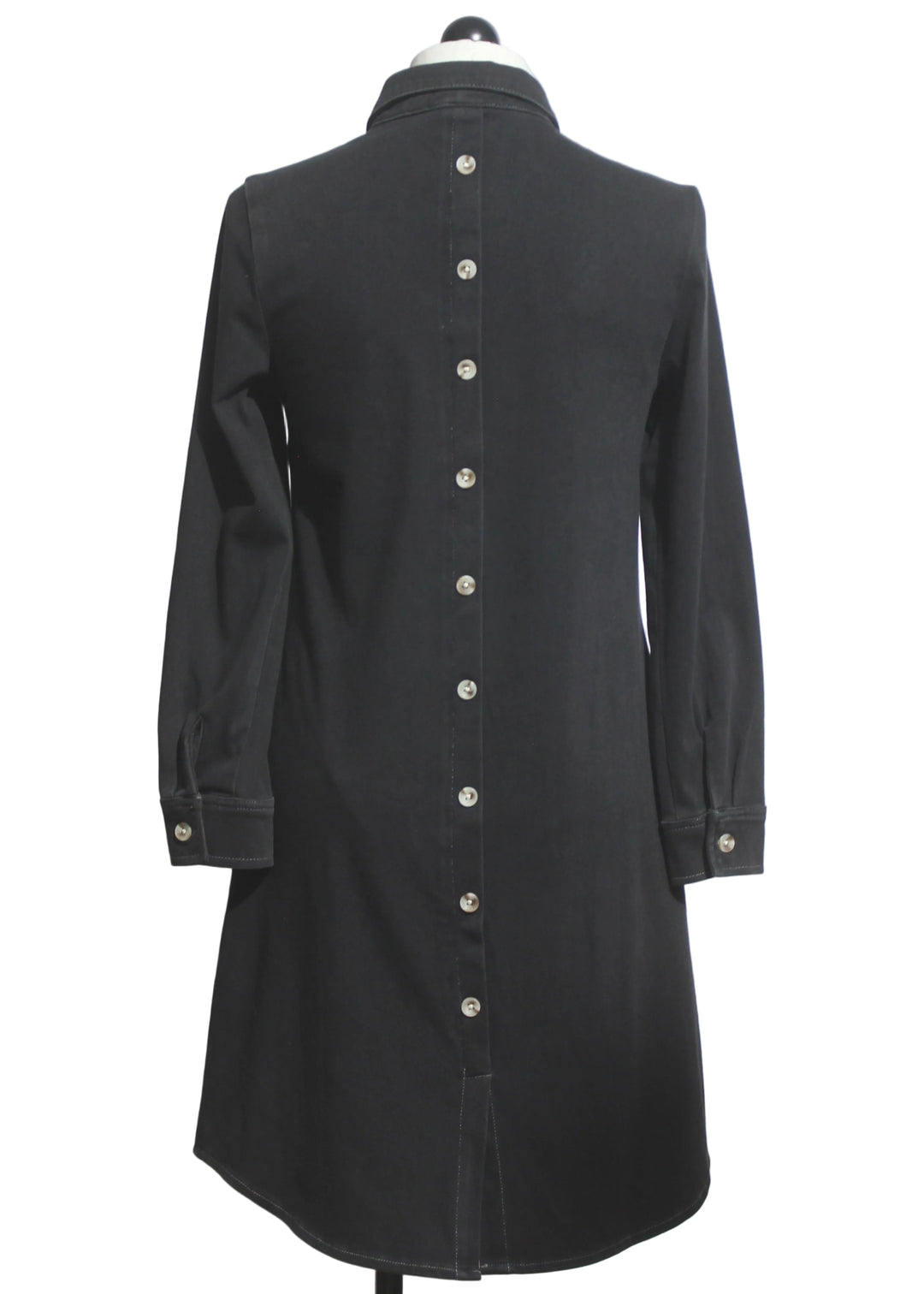 back view of Black Stretch Denim Shirt Dress by Compli K