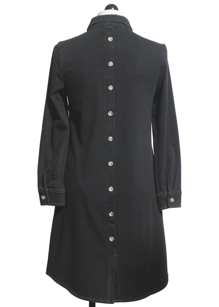 back view of Black Stretch Denim Shirt Dress by Compli K