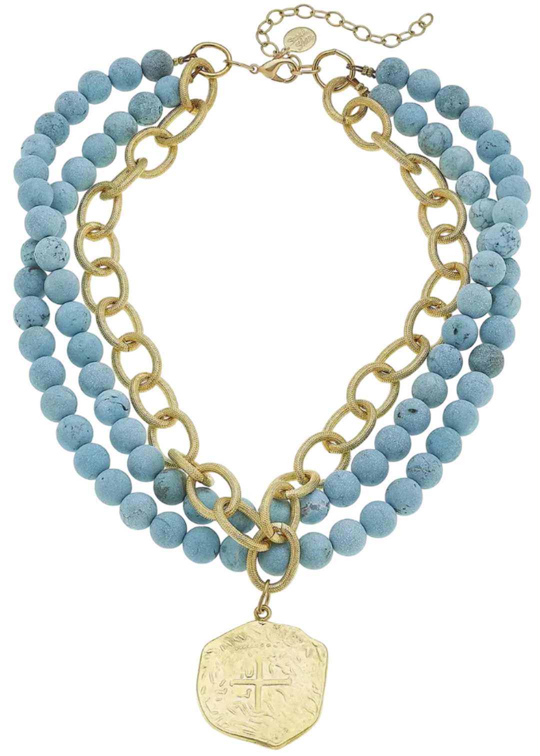 Gold Coin On 3 Row Genuine Matte Turquoise Necklace