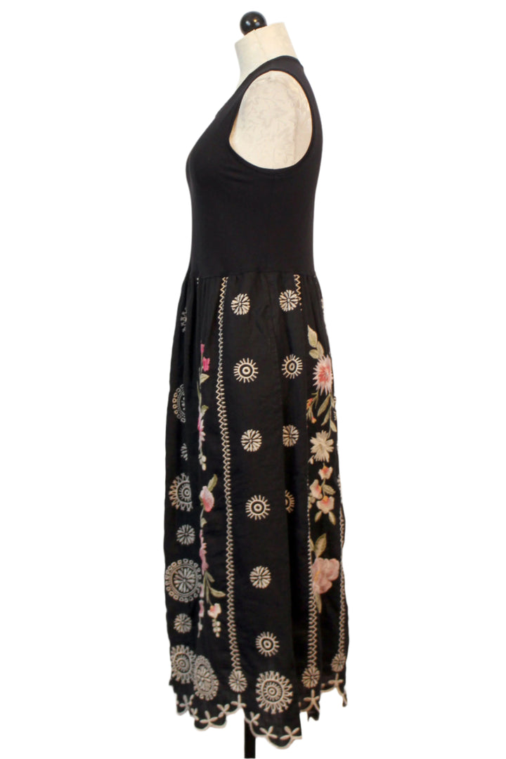 side view of Sleeveless Mixed Media Tank Dress by Johnny Was with embroidered skirt
