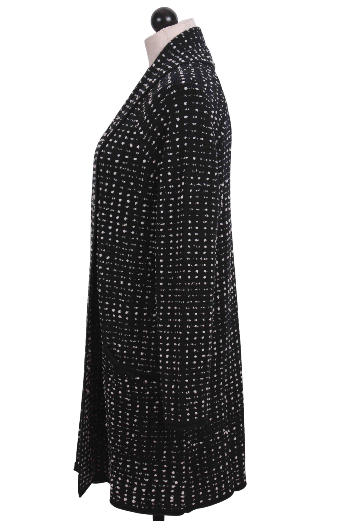 side view of black Textured Dot Shawl Cardigan by Liv by Habitat