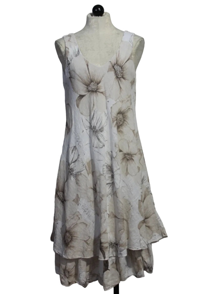 Beige Sleeveless Cotton V Neck Floral Dress by Bella Amore with a longer ruffle bottom slip