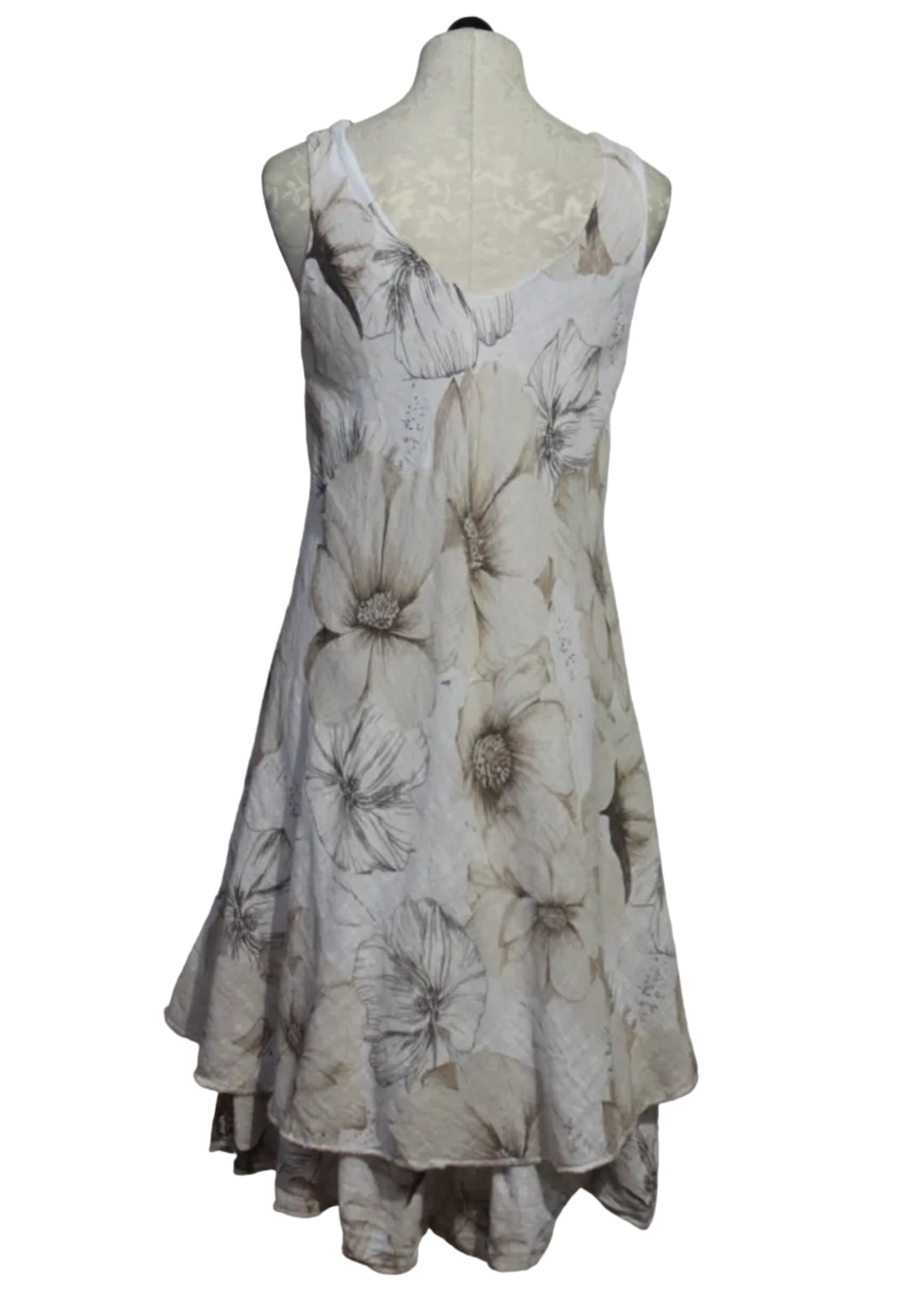 back view of Beige Sleeveless Cotton V Neck Floral Dress by Bella Amore with a longer ruffle bottom slip