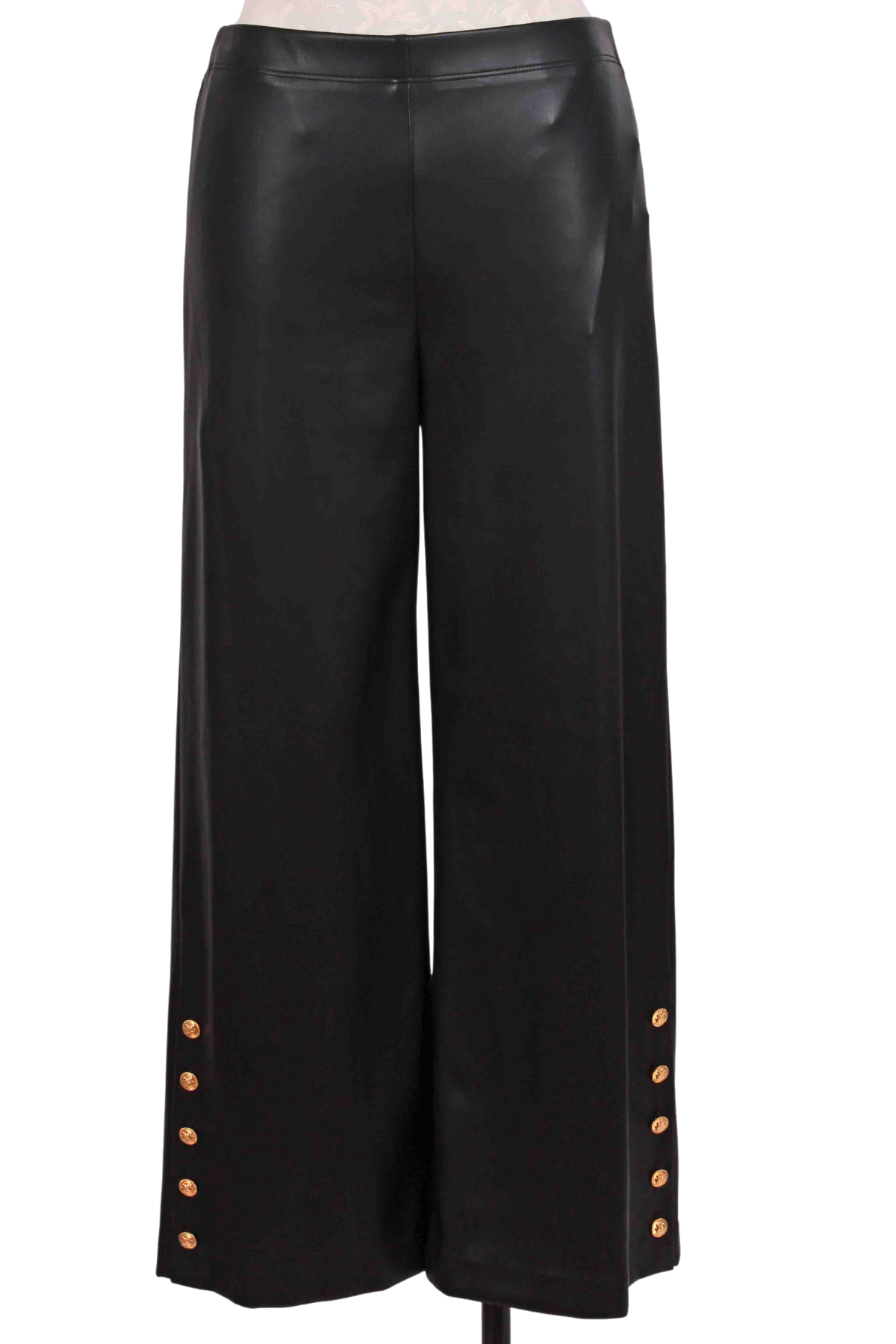 Black Soft Faux Leather Pull-On Cropped Button Up Hem Pants by Fifteen Twenty