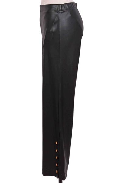 side view of Black Soft Faux Leather Pull-On Cropped Button Up Hem Pants by Fifteen Twenty